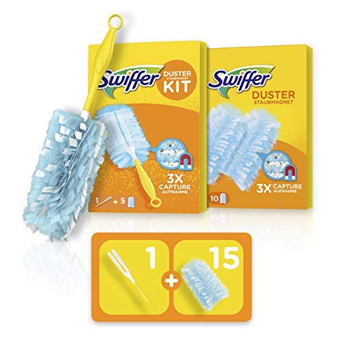 Swiffer Plumero Kit con 1 Mango y 15 Recambios, Atrapa y Retiene hasta 3 Veces más el Polvo y el Pelo que un Plumero de Plumas Convencional