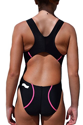 Swimgo Team.Basic Bañador de Entrenamiento, Negro (Costuras Rosas), L-32 13-14 años