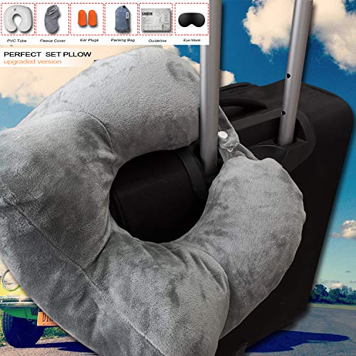 SYCOTEK Almohada de Viaje, Almohada Hinchable, Inflado Rápido para Cabeza, Barbilla y Cuello en Avión Aoche y Tren, con Tapones y Bolsa con Cordón, Gris