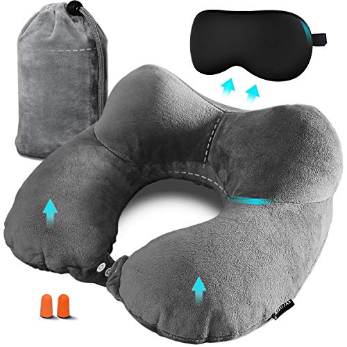 SYCOTEK Almohada de Viaje, Almohada Hinchable, Inflado Rápido para Cabeza, Barbilla y Cuello en Avión Aoche y Tren, con Tapones y Bolsa con Cordón, Gris