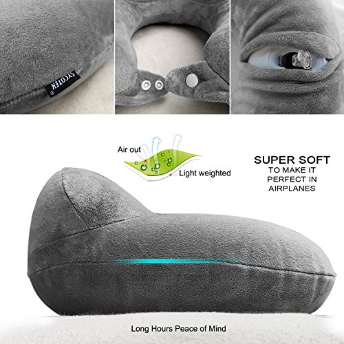 SYCOTEK Almohada de Viaje, Almohada Hinchable, Inflado Rápido para Cabeza, Barbilla y Cuello en Avión Aoche y Tren, con Tapones y Bolsa con Cordón, Gris