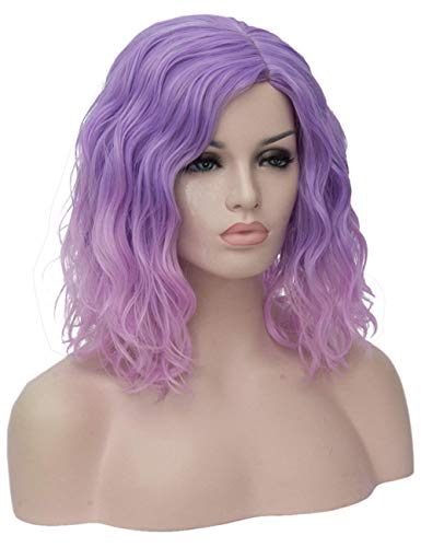 SYMALL 14" 36CM Peluca corta rizada de pelo medio largo rizado ondulado para mujer cosplay fiesta peluca sintética de moda calor resistente, (morado a rosa)