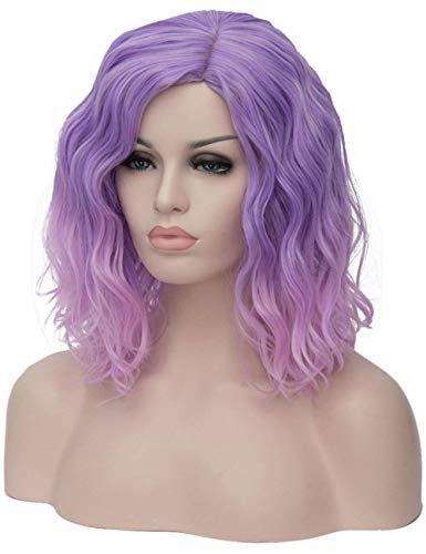 SYMALL 14" 36CM Peluca corta rizada de pelo medio largo rizado ondulado para mujer cosplay fiesta peluca sintética de moda calor resistente, (morado a rosa)