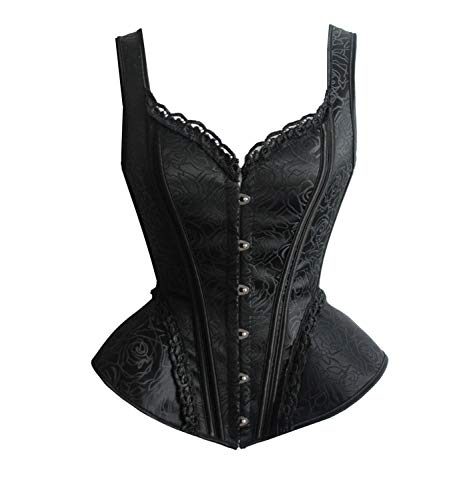 SZIVYSHI Mujer Sexy Gótico Vintage Steampunk Brocado Lace Satén Bone Correa Corsé Corset Bustier Top Negro M