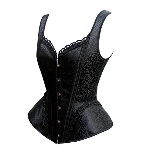 SZIVYSHI Mujer Sexy Gótico Vintage Steampunk Brocado Lace Satén Bone Correa Corsé Corset Bustier Top Negro M