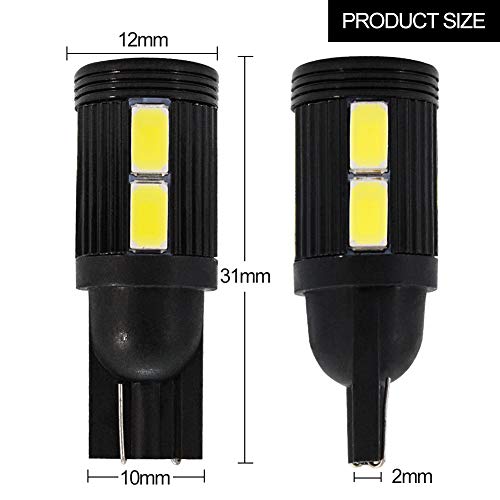 T10 W5W LED Ampoules 10SMD 194 168 Coins de lumière blanche pour feux de stationnement, ampoules de rechange d'éclairage latéral de rechange pour éclairage de réserve(Un paquet de 2)