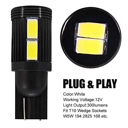 T10 W5W LED Ampoules 10SMD 194 168 Coins de lumière blanche pour feux de stationnement, ampoules de rechange d'éclairage latéral de rechange pour éclairage de réserve(Un paquet de 2)