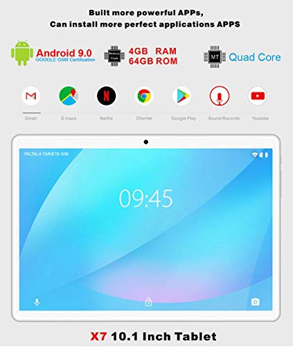 Tablet 10 Pulgadas, Android 9.0 Pie YESTEL tablets, 4 GB de RAM, 64 GB Ampliables hasta 128 GB, Procesador Quad-core, Pantalla HD IPS, Dual SIM LTE/WiFi, 8000mAh Batería, con Teclado, Color Plata