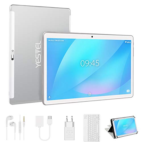 Tablet 10 Pulgadas, Android 9.0 Pie YESTEL tablets, 4 GB de RAM, 64 GB Ampliables hasta 128 GB, Procesador Quad-core, Pantalla HD IPS, Dual SIM LTE/WiFi, 8000mAh Batería, con Teclado, Color Plata