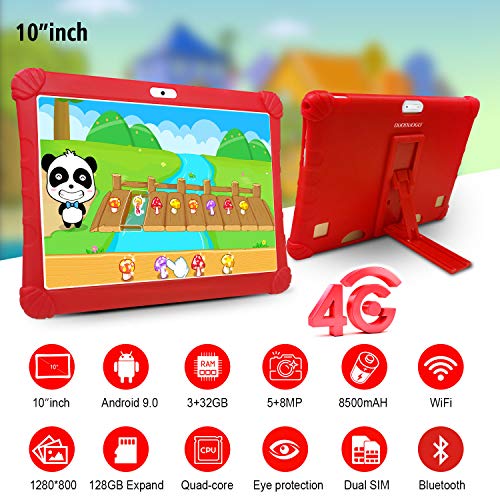 Tablet para Niños con WiFi 10 Pulgadas, Android 9.0 3GB RAM 32GB ROM /128GB Escalables Tableta PC, Quad-Core Dual SIM 8+5MP 8500mAh WiFi/OTG /Netflix Tablets Puede Llamar (Rojo)