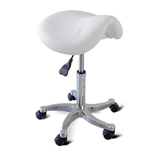 Taburetes Para Oficina con Rueditas，Taburete de Trabajo con Blanco PU Cuero Sintético Asiento，Altura Regulable 55-73 cm，160kg de Capacidad de Carga，Taburete Ruedas Trabajo para Beauty Salon Kitchen S