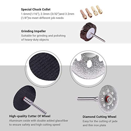 TACKLIFE 361 Accesorios de herramientas rotativas, diámetro de mangos 1/8"(3.2mm) con 4 Chucks universales para amoladora eléctrica de corte, amolado, lijado, afilado, tallado y pulido de accesorios
