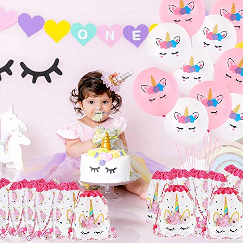 Tacobear 12 Piezas Unicornio Bolsa Regalo Bolsa de Cuerdas Unicornio Bolsa con cordón Mochila Bolsa Dulces Gimnasio Backpack para Infantil Niñas Fiesta Cumpleaños Party (Blanco)