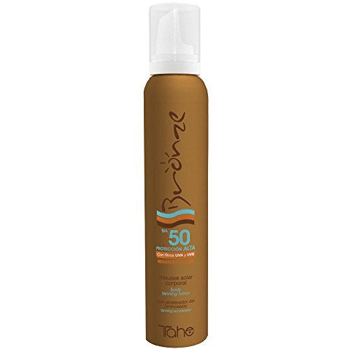 Tahe Bronze Protector Solar en Espuma Textura Mousse/Espuma Bronceadora Solar Intensiva Corporal con Activos Anticelulíticos y Reafirmantes, F.P.S. 50, 200 ml