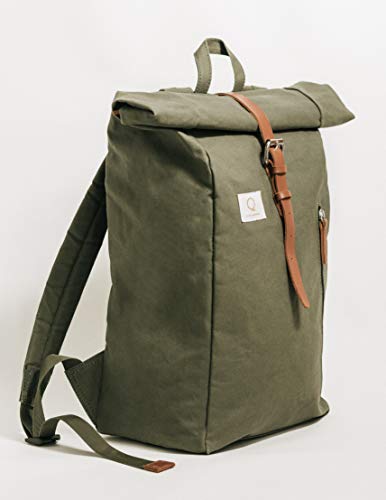 Taiga | Mochila de Tela Verde con Cierre de Piel sintética Marron y Cremallera Lateral | Mochila Hombre y Mujer | Diseño único y Original