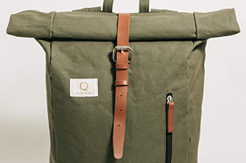 Taiga | Mochila de Tela Verde con Cierre de Piel sintética Marron y Cremallera Lateral | Mochila Hombre y Mujer | Diseño único y Original