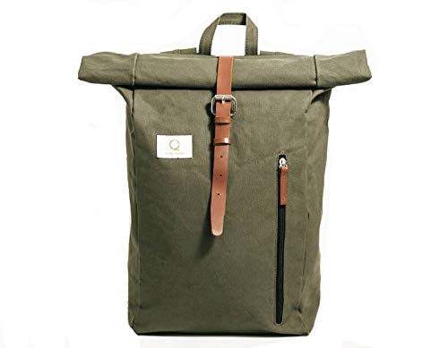 Taiga | Mochila de Tela Verde con Cierre de Piel sintética Marron y Cremallera Lateral | Mochila Hombre y Mujer | Diseño único y Original