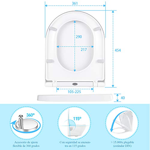 Tapa de WC, DALMO Polipropileno Asiento de inodoro con forma de D fabricado, asiento de inodoro con cierre suave que evita golpes, antideslizante y cierre rápido de 1 botón para una fácil