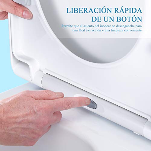 Tapa de WC, DALMO Polipropileno Asiento de inodoro con forma de D fabricado, asiento de inodoro con cierre suave que evita golpes, antideslizante y cierre rápido de 1 botón para una fácil
