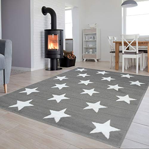 Tapiso Colección Luxury Alfombra Salón Moderno Piso Color Gris Blanco Diseño Estrellas Fácil Mantenimiento 80 x 150 cm