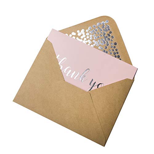 Tarjetas de agradecimiento, en blanco, 50 unidades, color rosa, acabado mate, inglés "Thank You" impreso con sobres de papel kraft con diseño de confeti de 4 x 5.75 pulgadas