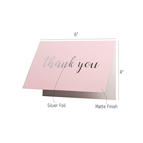 Tarjetas de agradecimiento, en blanco, 50 unidades, color rosa, acabado mate, inglés "Thank You" impreso con sobres de papel kraft con diseño de confeti de 4 x 5.75 pulgadas