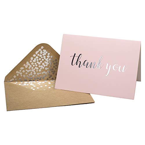 Tarjetas de agradecimiento, en blanco, 50 unidades, color rosa, acabado mate, inglés "Thank You" impreso con sobres de papel kraft con diseño de confeti de 4 x 5.75 pulgadas