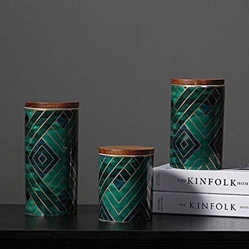 Tarros de cerámica, exquisito botes de cerámica verde oriental para almacenamiento de especias de cocina, organizador de té, café con tapa de madera, cerámica, 20.5x9.8cm