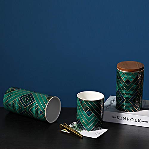 Tarros de cerámica, exquisito botes de cerámica verde oriental para almacenamiento de especias de cocina, organizador de té, café con tapa de madera, cerámica, 20.5x9.8cm