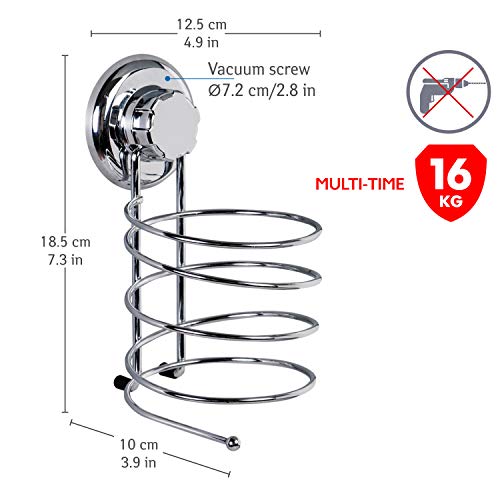 Tatkraft Megalock 11441 - Soporte para secador de pelo, ventosa, acero cromado, 10cm x 12.5cm x 18.5cm