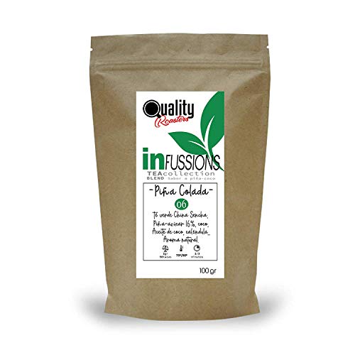 Té Verde. Piña Colada. Sabor a Piña y Coco. Con piña (16%), coco y caléndula. Antioxidante. Diurético. 100 gramos