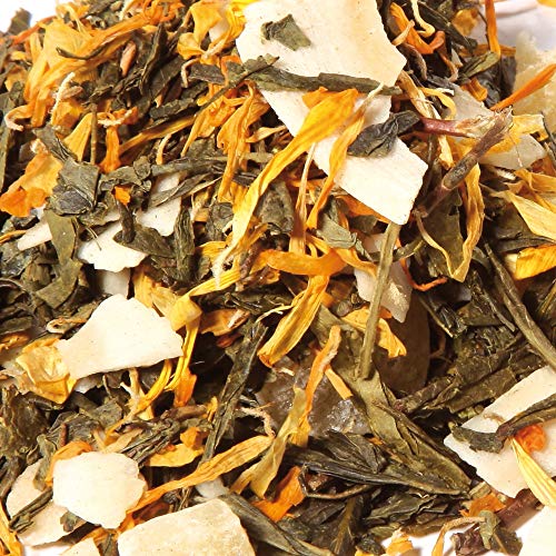 Té Verde. Piña Colada. Sabor a Piña y Coco. Con piña (16%), coco y caléndula. Antioxidante. Diurético. 100 gramos