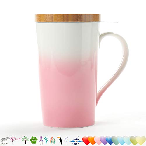 TEANAGOO Taza de té M066-P Bone China con difusor y tapa, 510 ml, rosa, taza de té de oficina con voltaje fuerte Filtro de preparación más recto para té suelto