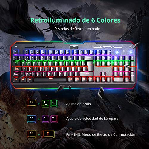 Teclado Mecánico Gaming de VicTsing, 104 Teclas y Switches Blue, con Cable y 6 Colores RGB Retroiluminado, Anti-Ghosting-Versión Español