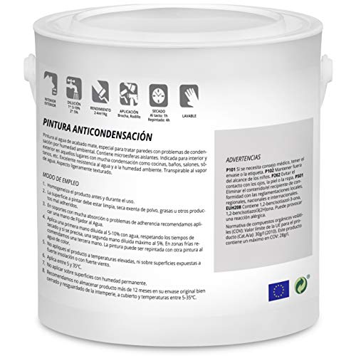 TECPINT ANTICONDENSACIÓN de Tecno Prodist - (2,3 Litros) - Pintura Anti-condensación y Anti-moho al Agua para Interior y Exterior - Paredes y Techos - Gran cubrición - Fácil Aplicación - (BLANCO)
