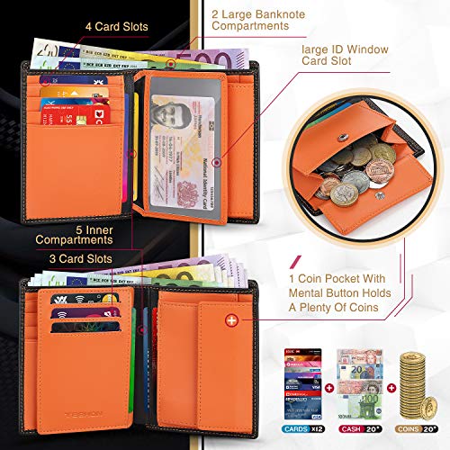 TEEHON Carteras Hombre con Monedero, Cartera RFID, Cartera Hombre de Piel, Cartera Vertical Hombre con 16 para Tarjetas, Billetes y Monedas, Carteras para Hombre Incluye Caja de Regalo (Negro Naranja)