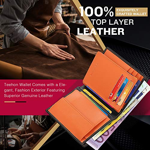 TEEHON Carteras Hombre con Monedero, Cartera RFID, Cartera Hombre de Piel, Cartera Vertical Hombre con 16 para Tarjetas, Billetes y Monedas, Carteras para Hombre Incluye Caja de Regalo (Negro Naranja)