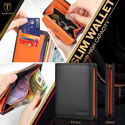 TEEHON Carteras Hombre con Monedero, Cartera RFID, Cartera Hombre de Piel, Cartera Vertical Hombre con 16 para Tarjetas, Billetes y Monedas, Carteras para Hombre Incluye Caja de Regalo (Negro Naranja)