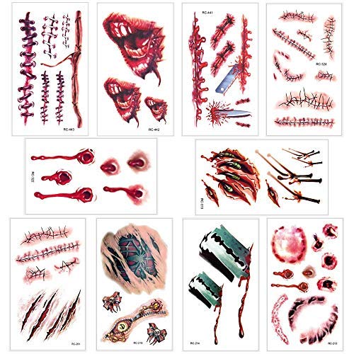 Temporay Tattoos, 10 hojas de diseño diferentes, Halloween Zombie Scars Tattoos Stickers con Fake Scab Blood Special Fx Body Makeup Props