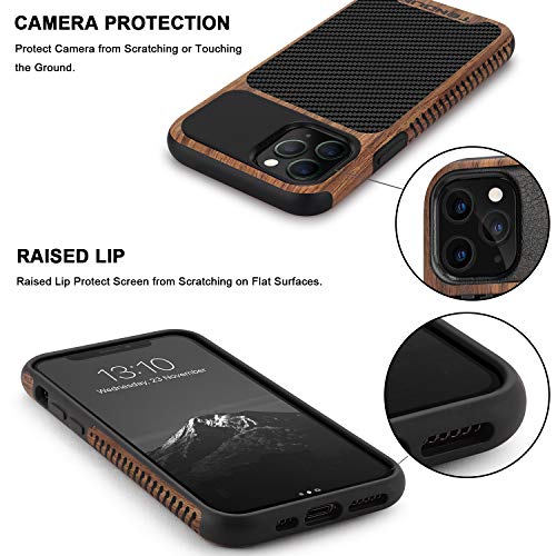 TENDLIN Funda iPhone 11 Pro Madera con Carbono y Cuero Híbrido Carcasa Compatible con iPhone 11 Pro (Negro)