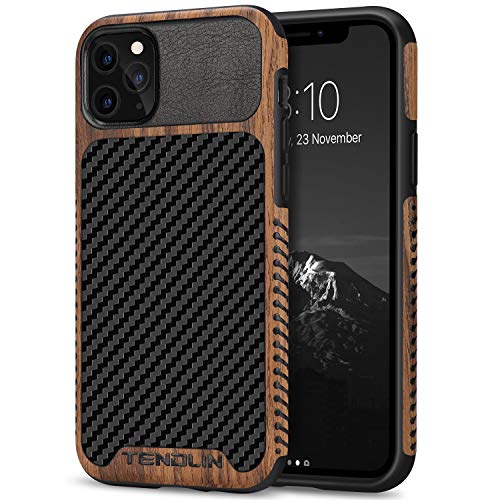 TENDLIN Funda iPhone 11 Pro Madera con Carbono y Cuero Híbrido Carcasa Compatible con iPhone 11 Pro (Negro)