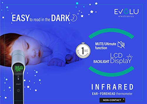 Termometro Sin Contacto EVOLU 3in1 - Termometro Infrarrojos Sin Contacto, Para Adultos, Niños y Bebés - Medición en 1 Segundo - 4 Colores de Luz de Fondo - Silencioso y Preciso - Apagado Automático