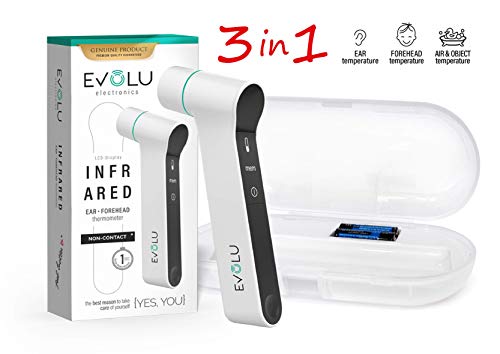 Termometro Sin Contacto EVOLU 3in1 - Termometro Infrarrojos Sin Contacto, Para Adultos, Niños y Bebés - Medición en 1 Segundo - 4 Colores de Luz de Fondo - Silencioso y Preciso - Apagado Automático