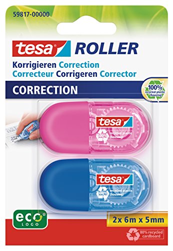 tesa Mini Roller Corrector ecoLogo - Paquete de 2 Cintas Correctoras Ergonómicas Pequeñas Azul y Rosa - Dimensiones de la Cinta 6 m x 5 mm