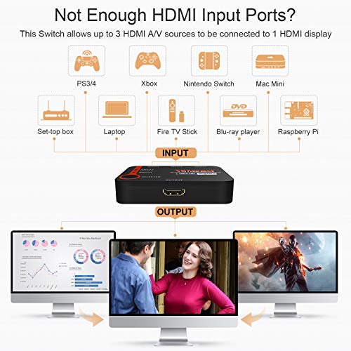 TESmart HDMI Switch, Conmutador HDMI 3 Entradas 1 Salida HDMI Switch 3x1 4K @ 60Hz 4: 4: 4 HDMI (Negro)