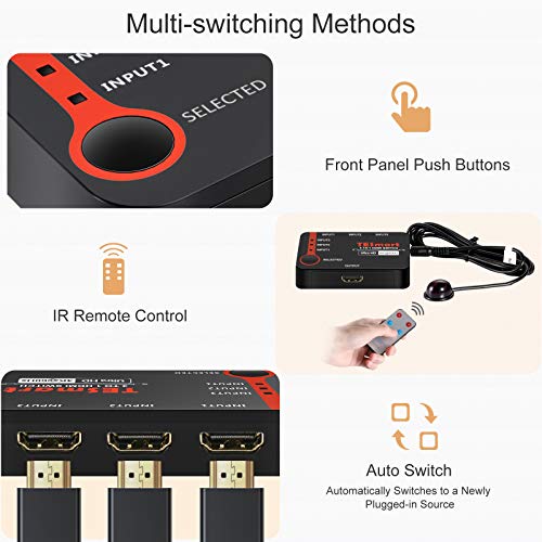 TESmart HDMI Switch, Conmutador HDMI 3 Entradas 1 Salida HDMI Switch 3x1 4K @ 60Hz 4: 4: 4 HDMI (Negro)