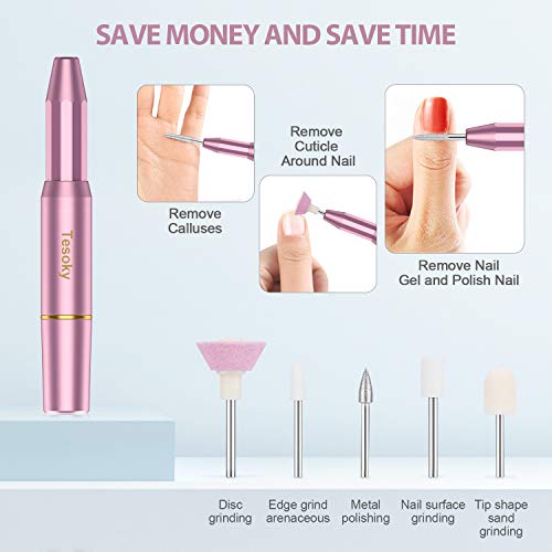 Tesoky Torno para Uñas, Lima de Uñas Profesionales con Set de 11 Tipos de Brocas de Pulido Pedicura, Lima Electrica Uñas de Vlocidad Ajustable para Manicura Pedicura, Set de Manicura para Salón DIY