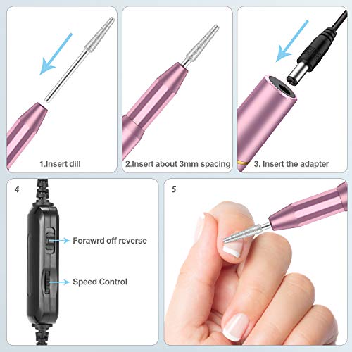 Tesoky Torno para Uñas, Lima de Uñas Profesionales con Set de 11 Tipos de Brocas de Pulido Pedicura, Lima Electrica Uñas de Vlocidad Ajustable para Manicura Pedicura, Set de Manicura para Salón DIY