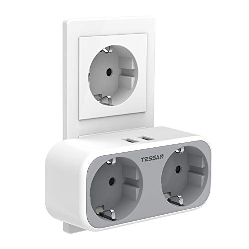 TESSAN Enchufe USB Pared, 4 en 1 Cargador USB con Doble USB (2.4A) y 2 Tomas de CA(4000W), Ladron Enchufe Multiple Compatible con iPhone, iPad, Samsung, Enchufe Pared Doble para el Hogar, Oficina