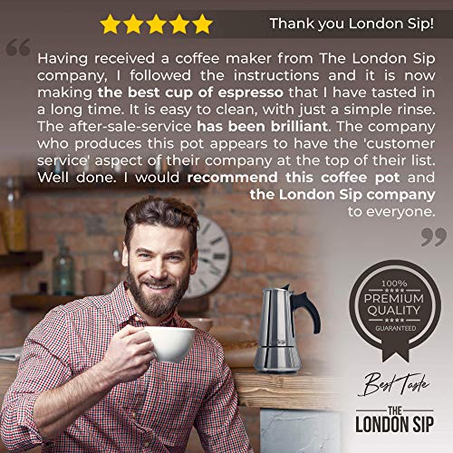 The London Sip Cafetera clásica Italiana de Inducción en Acero Inoxidable - Prepara café de Calidad al Estilo Italiano en tu casa con Esta Cafetera Moka Pot en Cromo Moderno (Plateada, 6 Tazas)